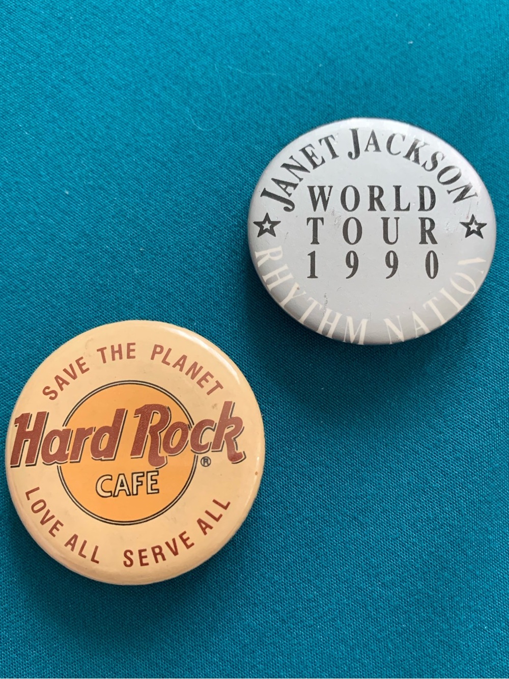 Vintage Janet Jackson World Tour Button & Hard Rock Cafe Save The Planet Pin